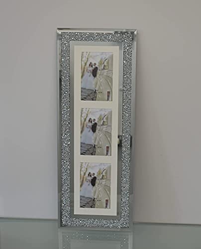Biznest Silver Diamante Crushed Crystal Photo Frame Multi Aperture Picture Photo Frame Vertical For 3 Photos 4X6 Inch Photo (63Cmx24Cm)
