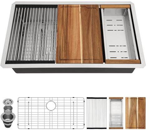 Couoko 32 Inch Undermount Kitchen Sink Workstation 16 Gauge Stainless Steel Ledge Round Corners Single Bowl Sink Large Deep Under Counter Kitchen Sinks Basin, 32x19x9