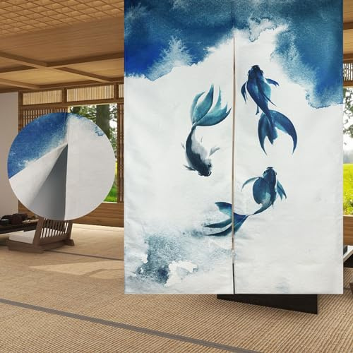 LIGICKY Traditioneller Chinesischer Stil Vorhang, Tuschemalerei Dick Noren Lang Vorhang Doppelseitig Druck TürVorhang Raumteiler Tapisserie für die Heimtextilien 85 x 120 cm, Weiß (Fisch)