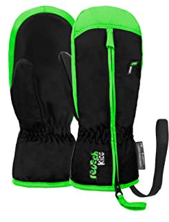Reusch Ben Mitten extra warme und weiche Fausthandschuhe Winterhandschuhe Fäustlinge Kinder Babys Kleinkinder Mädchen und Jungen mit einem Reißverschluss, schwarz-grün, V (ca. 5-6 Jahre)