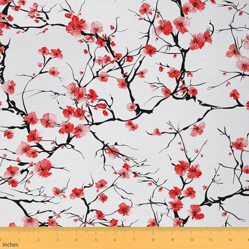 Feelyou Sakura Branches Polsterstoff für Stühle, Kirschblüten Blumen Botanischer Stoff by The Yard, Orientalischer botanischer Dekostoff für Polster und Heim-DIY-Projekte, 3 Yards, Rot Weiß