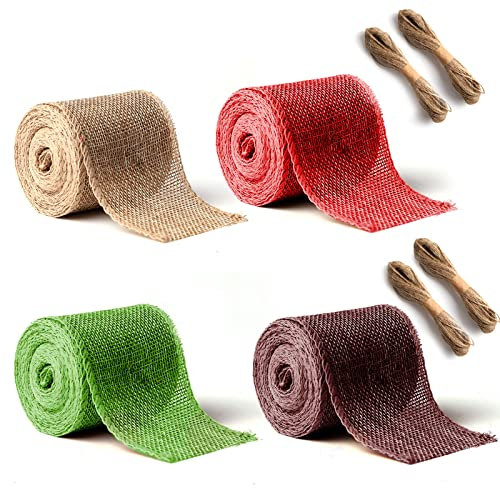 Dekoband Weihnachten, Bunt Juteband Breit 6cm, 3m/Roll Sackleinen Band Geschenkband, Weihnachten Juteband mit Juteseil für Floristen, Haushalt & Hobby (Natur, Rot, Grün, Braun)