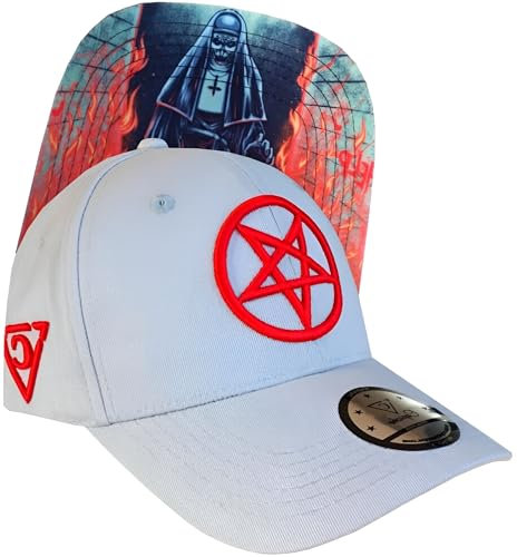 Capiche [99+ Designs] Graue Baseballmütze für Männer, Cursed Nun Curved, Baseball Caps Für Herren, Cappies Für Männer, Cap Spruch, Horror Cap, Gruselige Baseballkappe, Rotes Pentagramm Logo Unheilige
