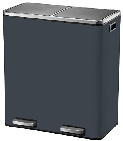 Poubelle de cuisine à pédale tri sélectif grande capacité 60L (2x30L) MAJOR en acier Inox Gris mat