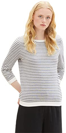 Tom Tailor Denim Damen Sweatshirt mit Raffarm & Streifenmuster, 26032 - Blue White Structured Stripe, XS