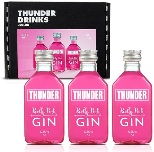 Thunder Really Pink Gin - Premium Flavoured Gin Gift Set - Wonderfully Fruity Tasting Gin Set - Free from Additives or Preservatives - 37.5% ABV - 3 x 5cl Bottles