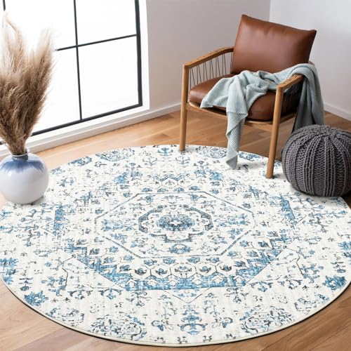 Carvapet Teppich Rund 120cm Weich und Flauschig Teppich Gegend Kreis rutschfest Waschbar Blumendrucke Bodenteppich Wohnzimmer Schlafzimmer(Blau)