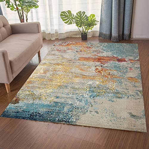Rug-QJDDUP Kurzflor Teppich,Blau Gelb Orange Art Deco, Abstrakt, Blue, 200 x 300 cm, Modern Designer Weich Teppiche für Wohnzimmer, Schlafzimmer, Esszimmer, Wohnzimmerteppich