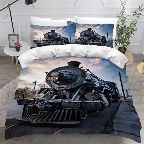 SK-YBB Bettwäsche 155x220 Dampflokomotive Bettwäsche Kind Junge Mädchen Microfase Bettbezug Retro-Eisenbahn 3D Druck Kinderbettwäsche Mit Reißverschluss Und Kissenbezug
