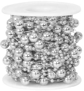 Perlengirlande Perlenband Perlenkette Perlenschnur Geschenkband Perlen Dekoband für DIY Basteln Party Tischdeko Hochzeit Braut Haarschmuck Halskette Brautstrauß Weihnachtsbaum, 3+8mm (Silber)