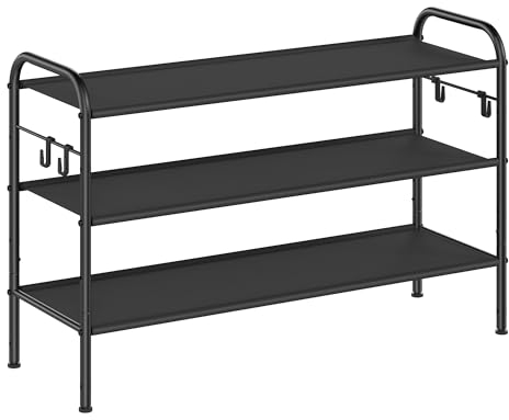 SONGMICS Zapatero, Organizador Zapatos de 3 Niveles, Estante Metálico para Zapatos con 4 Ganchos Laterales, para 15 Pares, Altura Ajustable para Entrada, Pasillo, Armario, Fácil Montaje, Negro Tinta