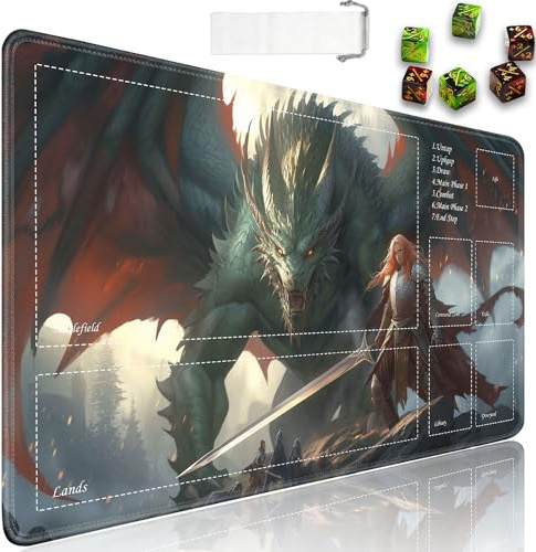 Spielmatte für MTG/TCG mit Zonen, Dragon's 2 für MTG Matte mit Kordelzug Reisetasche und 6 Würfeln, 61 x 35,6 cm, rutschfeste Gummi-Kartenspiel-Spielmatten für Partys, Unterhaltung oder Geschenk