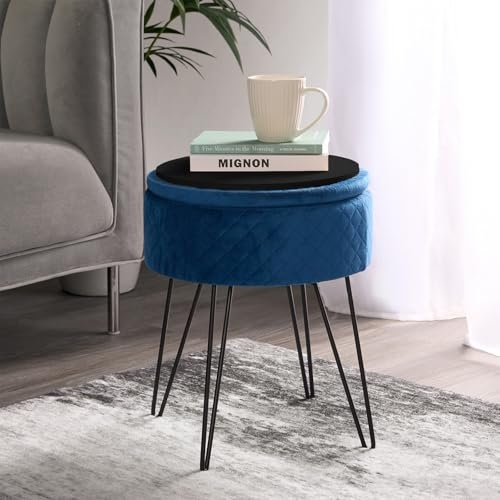 OHS Dressing Table Stool Navy, Round Storage Ottoman Stool with Hairpin Legs Bedroom Living Room Stool Storage Decorative Padded Pouffe, Velvet Quilted
