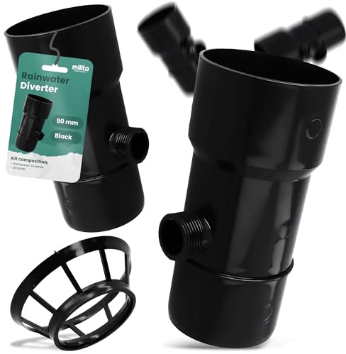 Millto™ Regensammler Dachrinnenablauf für Regentonne DN Ø90 mm 1'' AG Schwarz | Wasserfänger Wassersammler Regenwasser Fallrohr Regenwassersammler Fallrohrfilter Gartenschlauch Anschluss