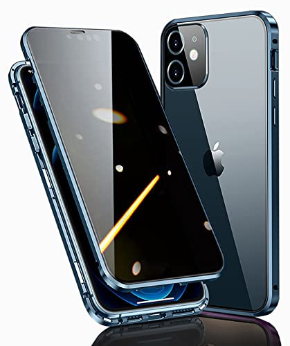WEYNRBOX Privacy Case for iPhone 12,Anti-peeping Screen Double-sided Tempered Glass Case Built-in Camera Protector,Magnetic Metal Bumper 360 Full Cover Anti-Spy Phone Case for iPhone 12,Blue