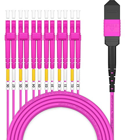 AMPCOM MPO zu LC Breakout-Kabel 50/125μm Multimode OM4 (12 Fasern, MPO zu LC, Typ B, LSZH/Riser, UPC, Magenta) 20m