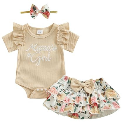 3 Pz Elegante Tuta Bimba Tutine Neonato Femmina Pagliaccetto Vestito Estivo Abito Principessa Tutu Bodysuit Jumpsuit Battesimo Floreale Pantaloncini Fascia Bowknot Bambino (Beige, 0-3 Months)