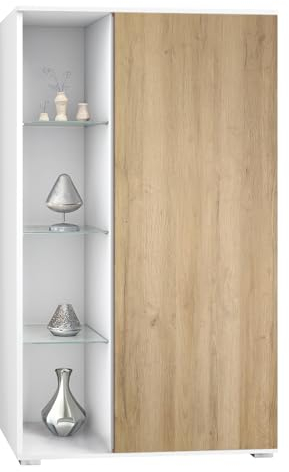 Vladon Vitrine Davos, Made in Germany, Standvitrine mit 3 Glasböden und 8 Fächer, Weiß matt/Eiche Wotan (71,5 x 134 x 35 cm)