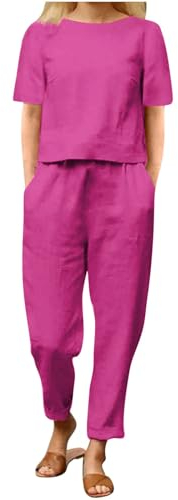 EMATOP Leinen Outfits Damen Leicht Baumwolle Hosenanzug 2 Teiler Bluse Tshirt und Lange Hosen Freizeitanzug Casual Einfarbig Jogginganzug Leicht Atmungsaktiv Sportanzug Lose Elegant Tracksuit