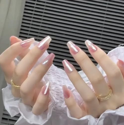 Handmade Nails Luxury Pink Cat Eye Press on Nail Reusable Fake Aurora Glitter Design Stick on Snug Fit False Nails Tip 10pcs with Tin Gift Box Tools Adhesive for All Occasions(Q043 M)