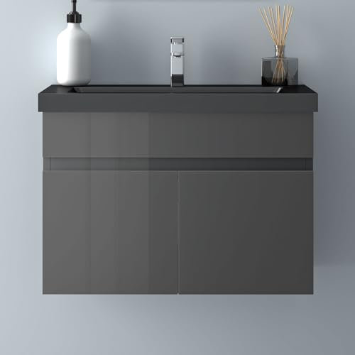 Biubiubath Badezimmer Badmöbel 60cm Schwarz Mineralguss Waschtisch mit Unterschrank Hängeschrank Hochglanz Dunkelgrau Badezimmerschränke Badschrank mit 2 Soft-Close Türen