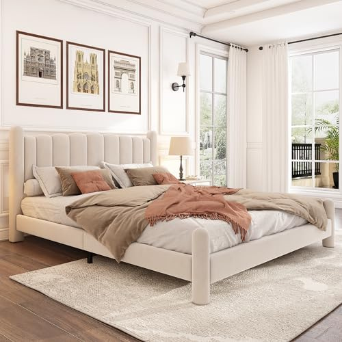 Dolamaní Doppelbett 180x200 cm Beige, Polsterbett mit Lattenrost aus Holz und Polster Kopfteil Samt, Stilvolles Fächerkopf, Zylindrisch geformte Stützfüße, Schlafzimmer Bett