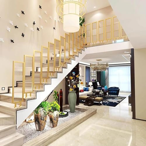 Geländer aus gehärtetem Glas für Treppe, Treppengeländer oder Balkon, rechteckiger goldener Metallrahmen, Geländer für den Innen- und Außenbereich (Größe: 90 cm)