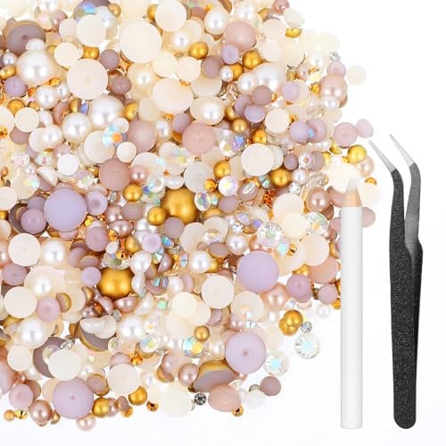 50g Mix Flatback Rhinestones Half Pearls for Craft Mixed Size 3mm-10mm Flat Back Rhinestones Flatback Pearls Resin with Tweezer & Pickup Pencil for DIY Tumblers Mugs Bottles Nail Art Shoes Clothes