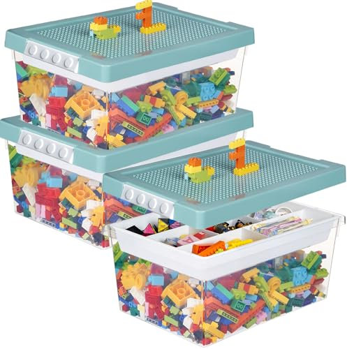 Greentainer Art Craft Storage Organizer Bins with Removable Tray - Stackable Plastic Organizer Box Set of 3, Kids Toys Chests with Building Baseplate Lid, Storage Container for Building Bricks-Green
