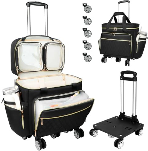 SIYNPAV 5-Wheeled Rolling Teacher Bag with Detachable Trolley, 15.6 Inch Laptop Sleeve & Accordion File Organizer, Large Capacity Teacher Tote with Cup Holder for School Office, Black