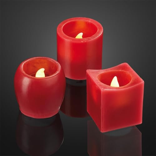 hellum LED Kerzen 6 Stück, Wachskerzen rot Ø5x5cm in verschiedenen Formen, Kerzen flackernde Flamme aus Echtwachs, batteriebetrieben (6xCR2032, inkl.) für innen mit warmweißen LED 152883
