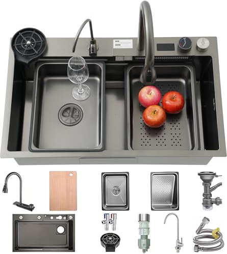 Fregadero de cascada de 75 x 45 cm, acero inoxidable, color negro y gris, con pantalla digital, 1 fregadero de montaje superior, fregadero de cocina grande con juego completo de accesorios