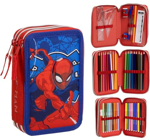 CERDÁ LIFE'S LITTLE MOMENTS Giotto Spiderman Federmäppchen mit Filzstiften, Kugelschreibern und Bleistiften | Dreifachmäppchen für Kinder mit Marvel-Design, Spiderman, 12.5x6.5x19.5 cm, Lizenzprodukt