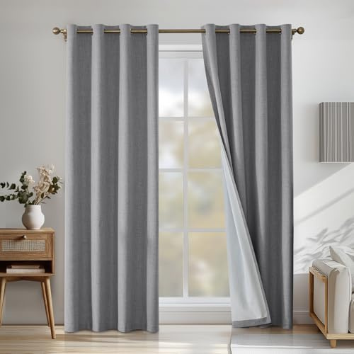 CYCMACO Verdunklungsvorhänge Leinen 2er Set, 140x245cm, Kälteschutz Thermovorhang Mit Ösen, Lärmschutzvorhang, Wohnzimmer Lichtundurchlässig Vorhänge, Schlafzimmer Vorhänge, Hellgrau
