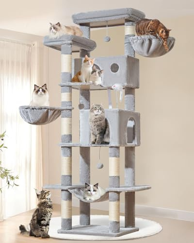 Taoqimiao Tall Cat Tree, 193cm Large Cat Tree for Indoor Cats Cat Tower | floor to ceiling cat tree with 8 Scratching Posts, 2 Cat Condo, Hanging Baskets, Hammock, Light Grey MS046W