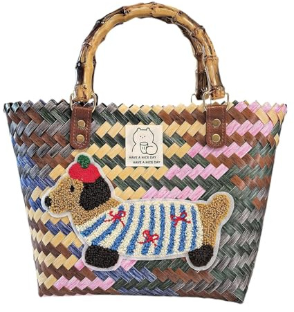 Générique Panier de Plage Tissé,Accessoire De Plage En Paille À Motif Teckel | Cabas à Main Tissé pour Plage, Shopping, Mariage, Voyage, Usage Quotidien, Extérieur, Pique-nique, Vacances et d'Autres
