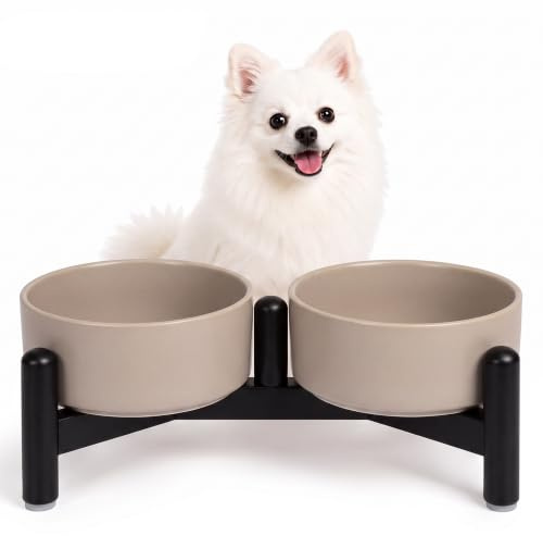 Gamelle pour Chien Surélevée en Ceramique - Gamelles Surelevees pour Petit Chiens et Chats - Double Bol avec Support en Acier Inoxydable pour Eau et Croquettes - 160 g（320 ML） x 2 - Gris
