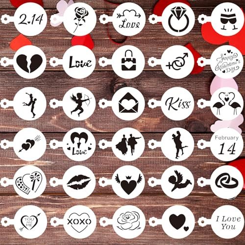 WOFEU Valentinstag Kaffee Schablonen | 30 Stück wiederverwendbare schablonen von Keksen und Kaffee, Vorlagen und Formen zum Backen