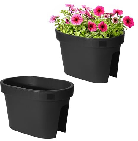 Spetebo Balkon Blumentopf oval anthrazit 2er Set - 40 x 26 cm - Kunststoff Pflanzkasten zum Einhängen am Geländer - Garten Blumentopf Pflanz Blumen Schale zum Hängen
