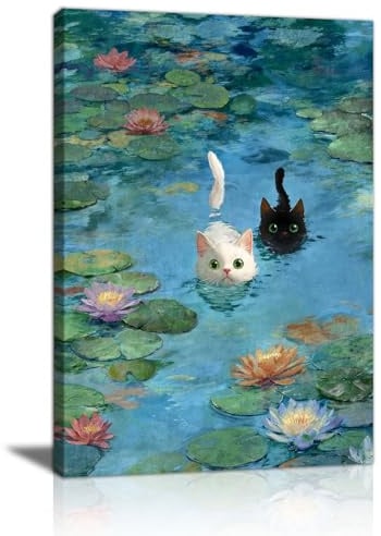 Vintage Monet Berühmt Blumen Leinwand Bilder Mit Rahmen, Lustig Katze in Seerosen Bild Auf Leinwand Wandkunst Humorvoll Tier Wanddeko Wandbilder Wanddeko für Schlafzimmer Wohnzimmer Küche 40X60cm