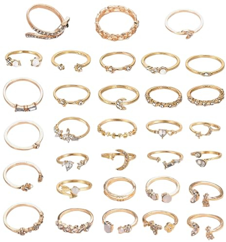JSTHHTT 32 Stück Ringe Gold, Ringe Damen gGold, Statement Ringe, Goldene Ring Set, Gold Schmuck, Wasserfest, Fingerringe Knoten Wellen Stapelbar Modeschmuck Ringe Set für Damen Mädchen