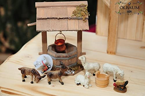 Krippenbeleuchtung Krippendeko - Brunnen, Holztrog, Holzbrunnen mit 6 großen Tieren für ca. 9 cm Krippenfiguren (Ziegen, Schafe, Hühner), mit LED / Licht, EIN-AUS-Schalter und Lämpchen + Holzeimer, ÖLBAUM Original-Krippenbeleuchtung für Weihnachtskrippe, historische Ausführung, beleuchtet, Tierfiguren, Figuren - Tiere für Krippe (für ca. 9 cm Krippenfiguren)