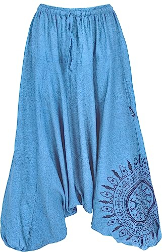 GURU SHOP Haremshose Pluderhose, Pumphose mit Mandala, Aladinhose aus Baumwolle - Blau, Damen