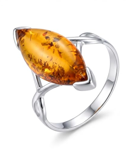 HolidayGiftShops Bague en Argent Sterling et Miel Baltique Ambre taillé Marquise Harriet Taille: 10