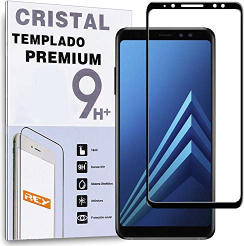 REY Protector de Pantalla Curvo para Samsung Galaxy A8 2018 - A5 2018, Negro, Cristal Vidrio Templado Premium, 3D / 4D / 5D
