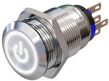 Metzler - Druckschalter 19mm - LED Symbol Power Weiß - IP67 IK10 - Edelstahl - Flach - Lötkontakte