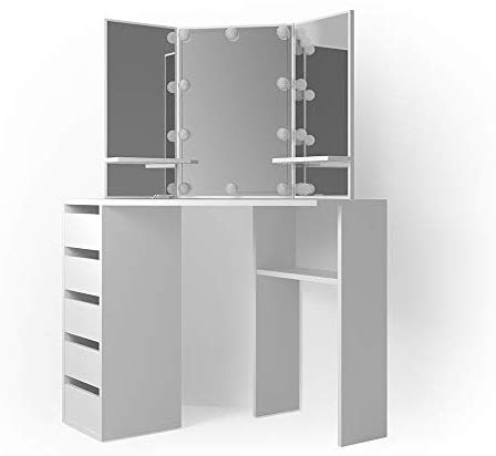 Vicco Frisiertisch für die Ecke Arielle, Weiß, 110 cm mit LED Beleuchtung