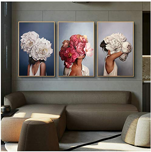 ZMFBHFBH Feder Mädchen Blumen Kopf Frau Leinwand Gemälde an der Wand Kunst Poster und Drucke Wandbilder Home Decoration 60x80cm (23,6x31,5 Zoll) x3 Kein Rahmen
