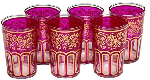 Verres à Thé Marocain Rose Fuchsia Or Peints et Décorés à la Main Design Classique Lot de 6 Verres