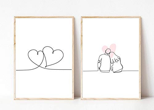 Kunstdruck Din A4 ohne Rahmen 2er Set - Paar mit Herz - Herzen -Liebe Pärchen Zweisamkeit Zeichnung Minimalismus Linien Valentinstag Geschenk - Poster Bild